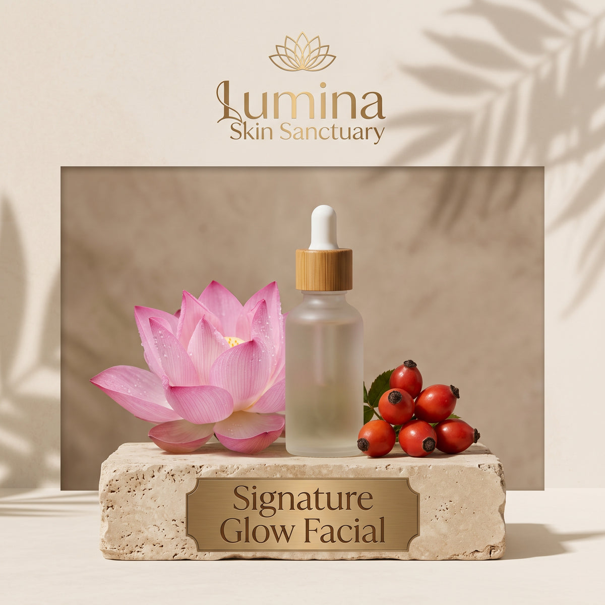 Signature Glow Facial service card with sacred lotus botanical theme for Lumina Skin Sanctuary in Fort Myers, FL.