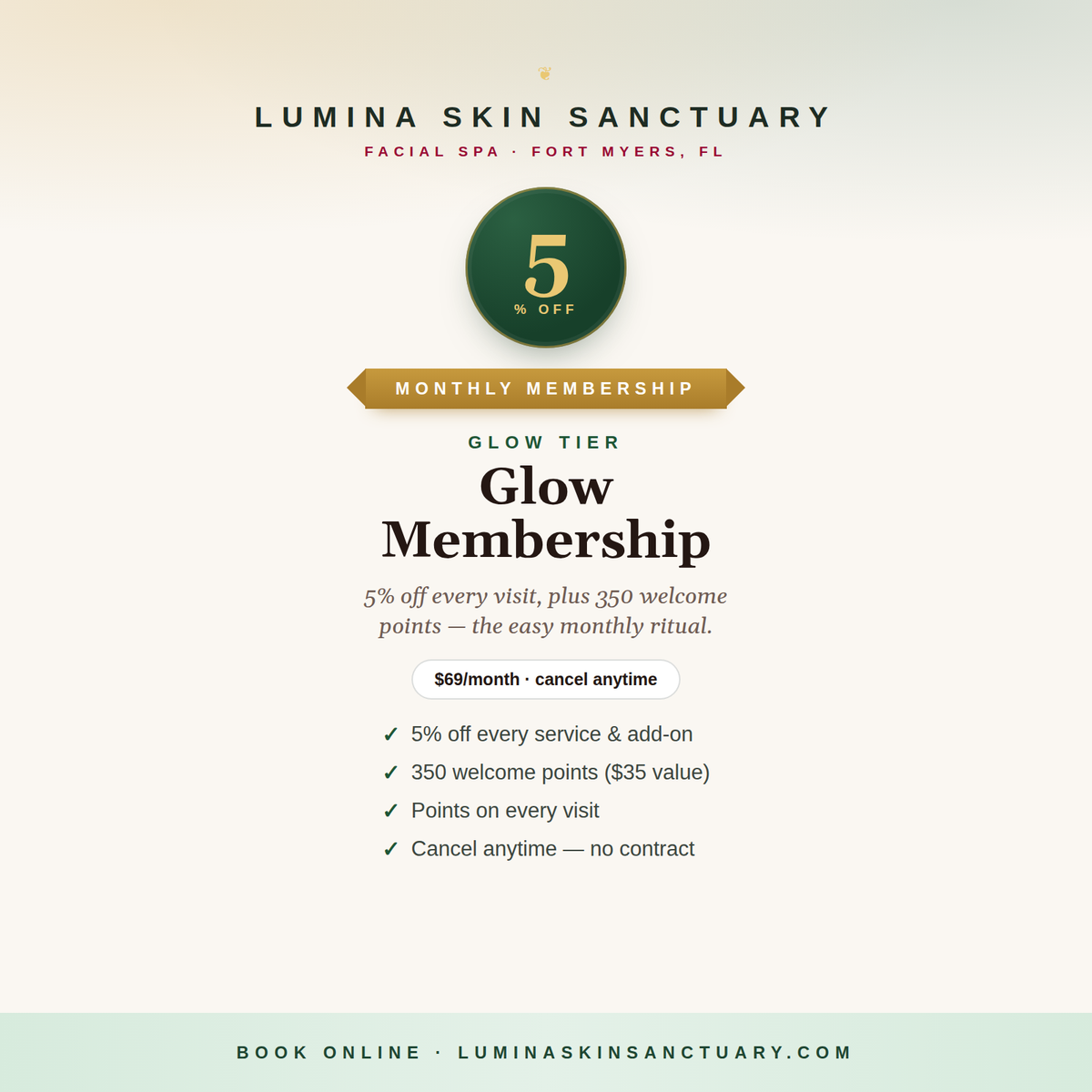 Glow Membership — 5% off, Lumina Skin Sanctuary, Fort Myers