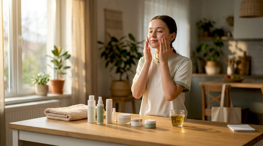 Teen girl applying moisturizer in bathroom