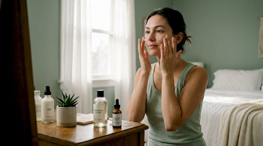 Woman applying moisturizer in bathroom