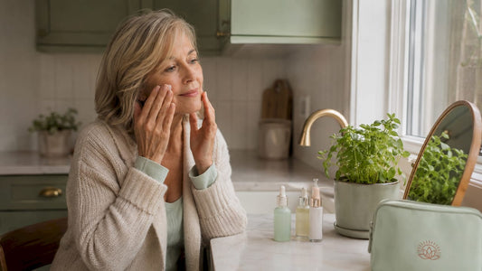 Mature woman applying serum at vanity