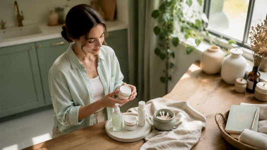 Woman organizing clean skincare products on bathroom counter