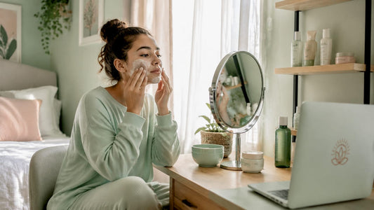 Teen applying moisturizer at bathroom vanity
