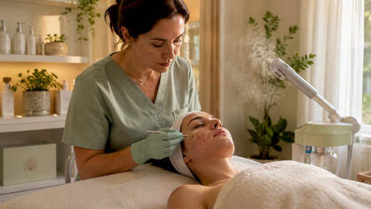 Esthetician performing acne facial treatment in spa room
