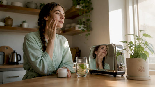 Professional woman applying quick skincare in bathroom