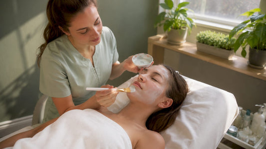 Esthetician giving teen facial treatment in clinic