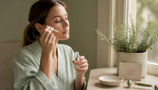 Woman applying facial serum in bathroom