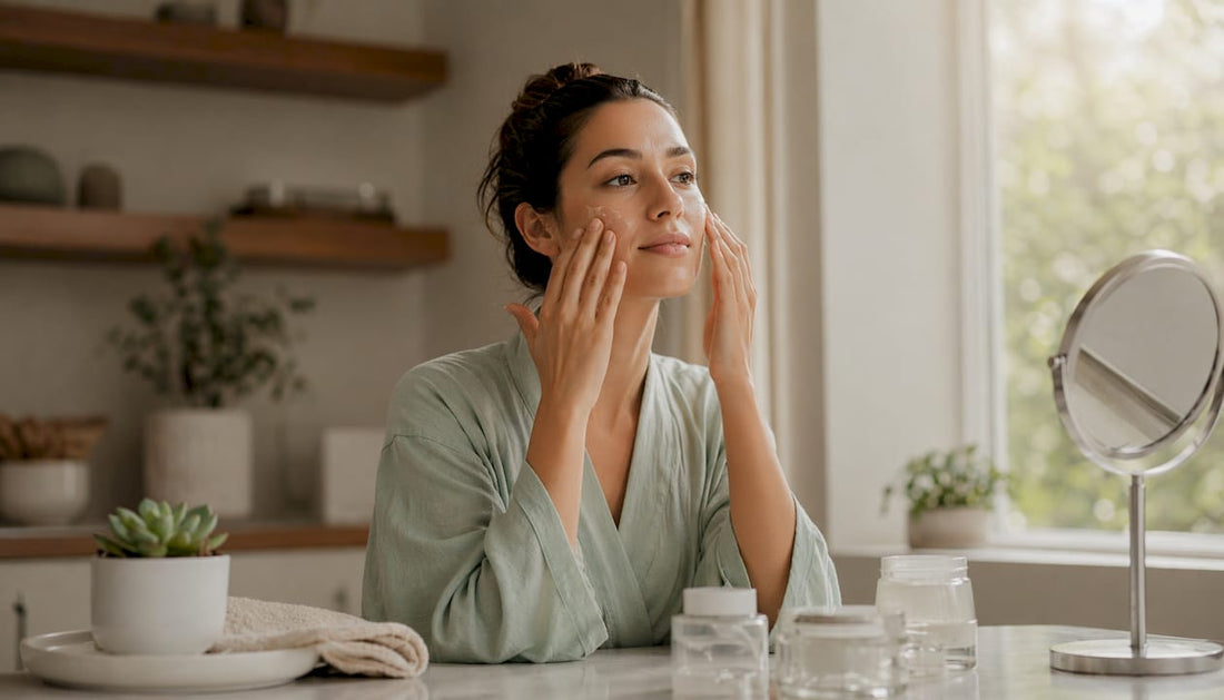 Woman applying lightweight moisturizer at home