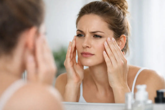 Woman touching her cheek with tight, dry-feeling skin — why skin feels tight and how to fix it