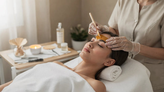 Licensed esthetician shaping a client's eyebrows with wax for a clean, natural brow with minimal redness