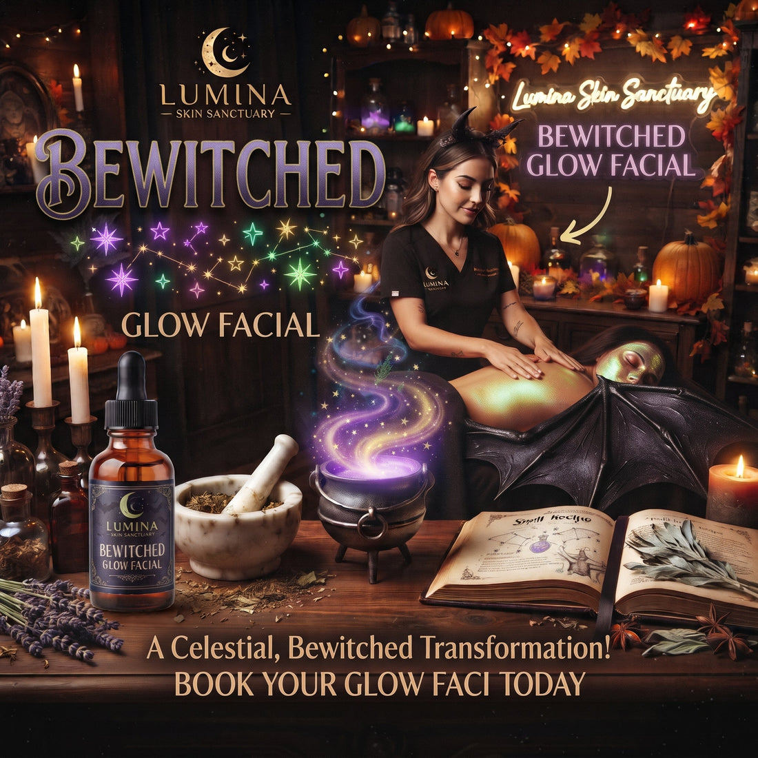 Licensed esthetician performing the Bewitched Glow Facial, the Halloween edition of the Signature Glow Facial, on a client at Lumina Skin Sanctuary in Fort Myers