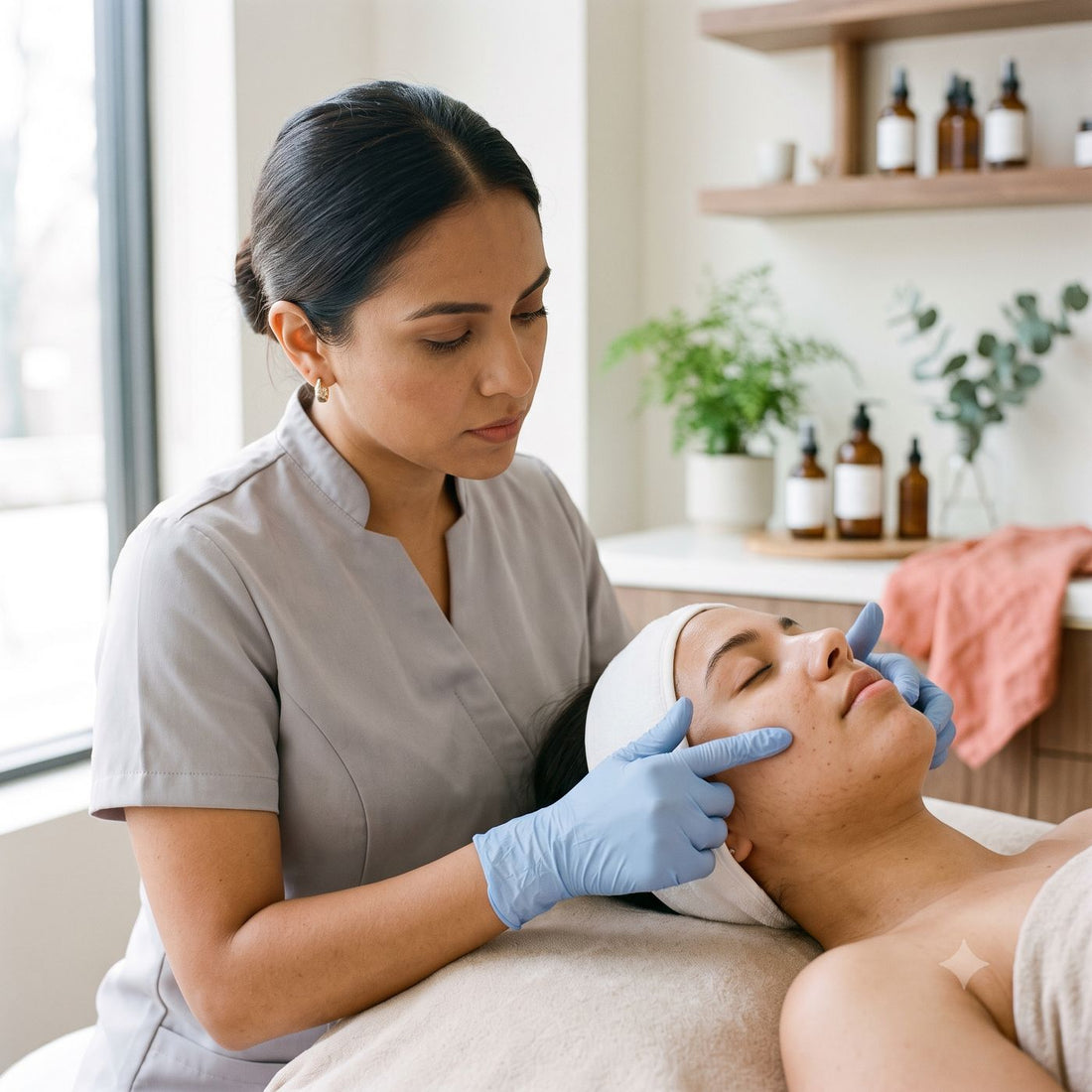 Licensed esthetician assessing acne-prone skin before an acne facial in Fort Myers