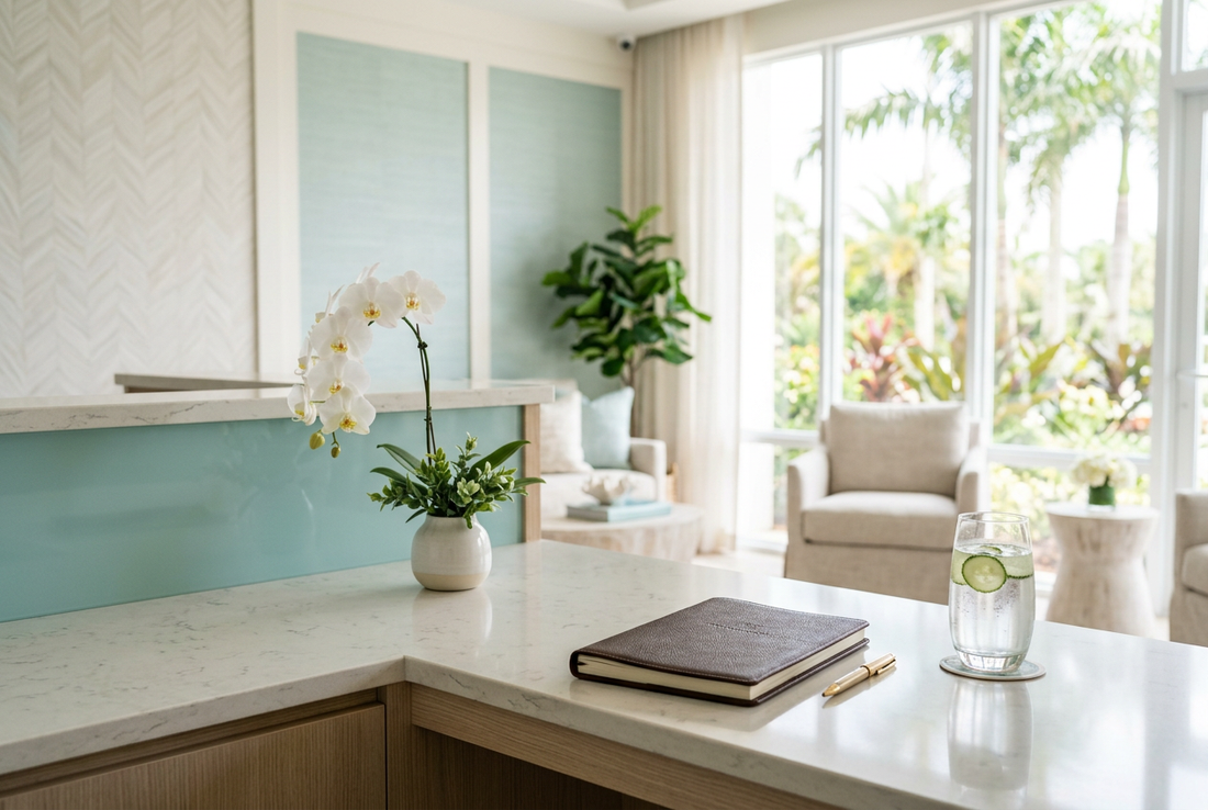 Calm Fort Myers spa reception desk with orchid and appointment book