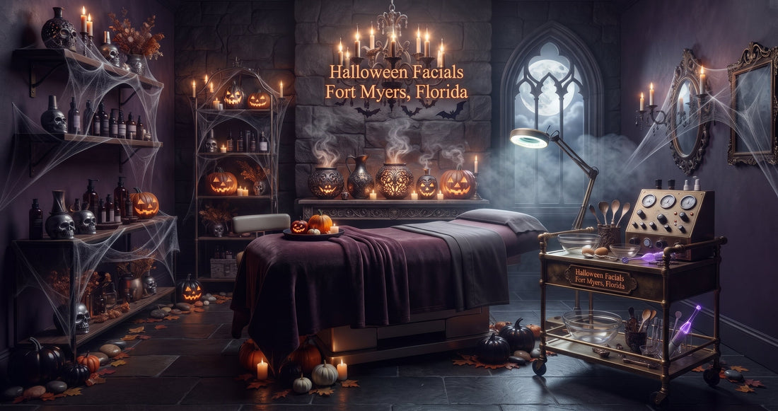Halloween facials in Fort Myers, Florida at Lumina Skin Sanctuary: a candlelit treatment room with jack-o-lanterns, cobwebs and a facial bed