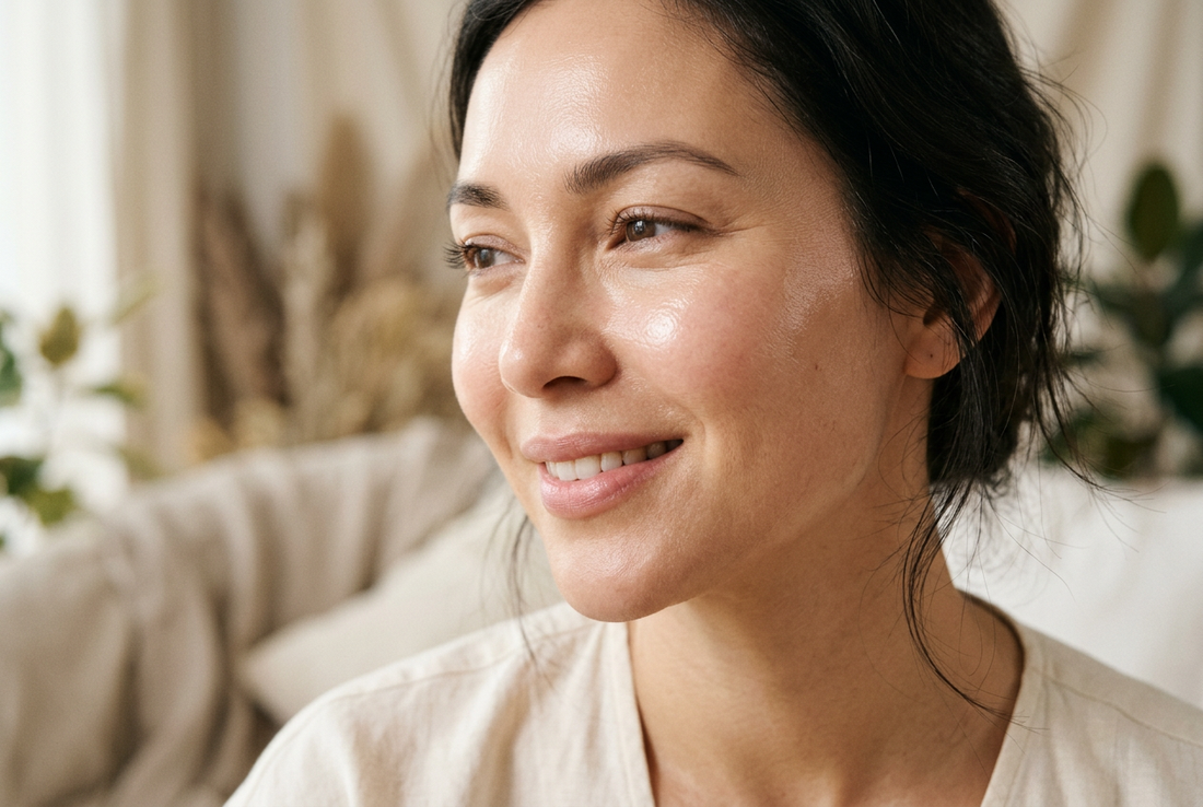 Woman with fresh, dewy skin after a facial