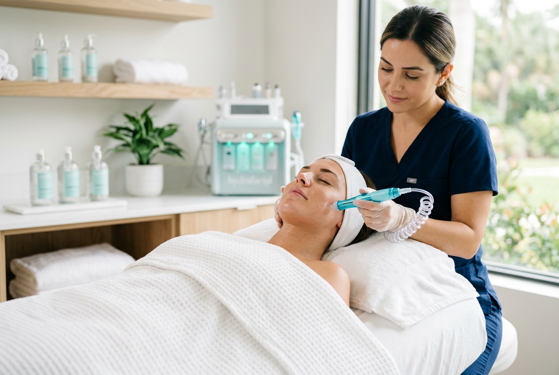 Esthetician giving a hydro facial to a relaxed client in a Fort Myers studio