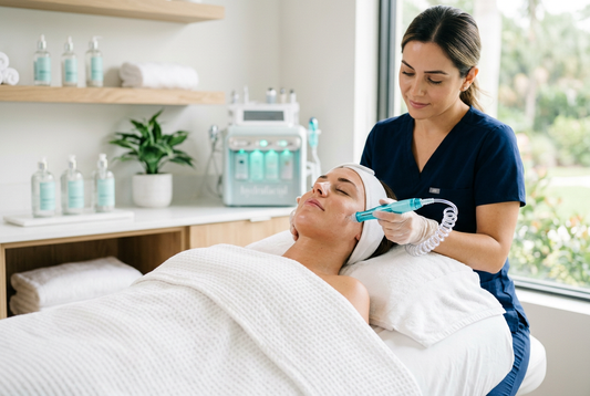 Esthetician giving a hydro facial to a relaxed client in a Fort Myers studio