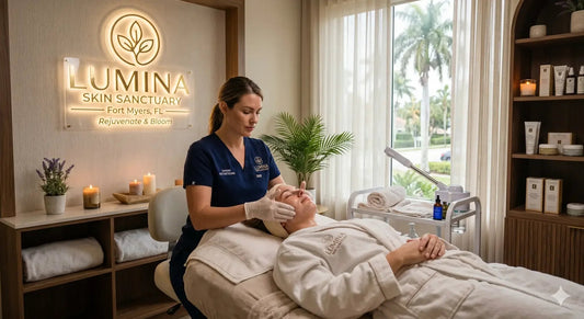 Licensed esthetician performing a facial treatment on a relaxed client at a facial spa in Fort Myers, Florida