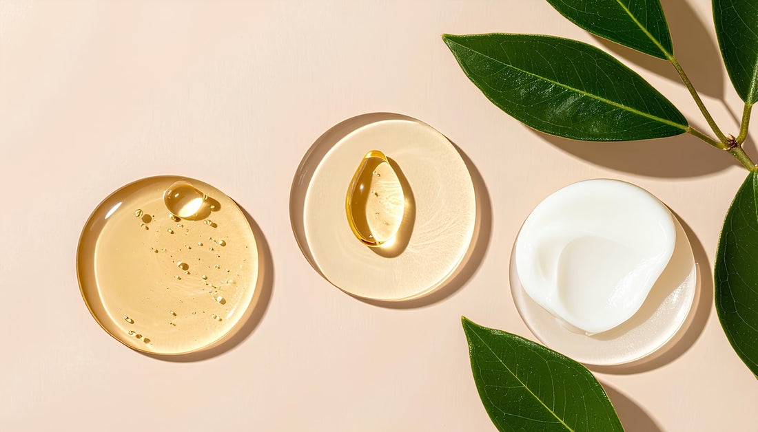 Lightweight gel and cream skincare textures on a light background