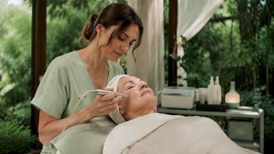 A licensed esthetician performing a glow facial treatment on a female client at a Fort Myers spa