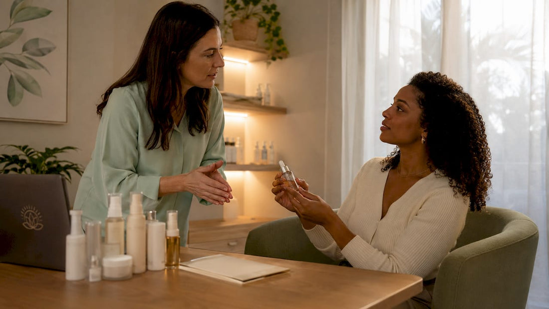esthetician consulting a client about facial options at a Fort Myers facial spa