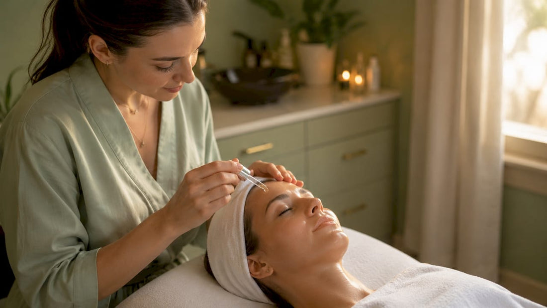 Esthetician welcoming a client with a relaxing facial treatment at Lumina Skin Sanctuary in Fort Myers, where every facial can now be booked online