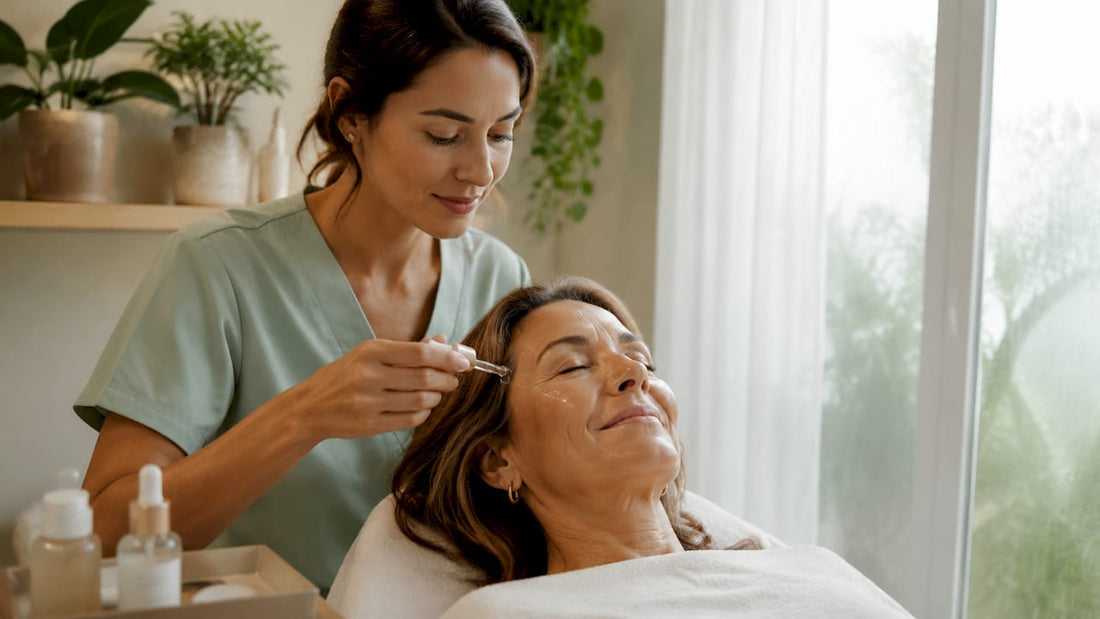 Esthetician applying hydrating serum during a 30-minute lunchtime express facial in a Fort Myers spa treatment room