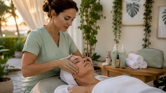 Esthetician performing a firming facial massage during an anti-aging facial in Fort Myers, FL at Lumina Skin Sanctuary