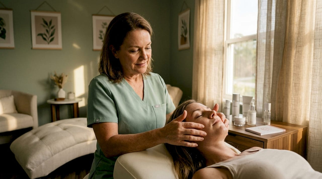 Esthetician assessing a client's skin during a men's facial consultation at a private Fort Myers studio