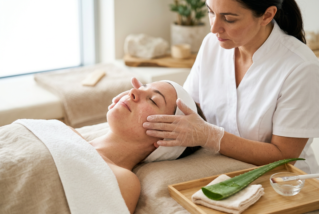 Esthetician gently applying a soothing serum to sensitive skin