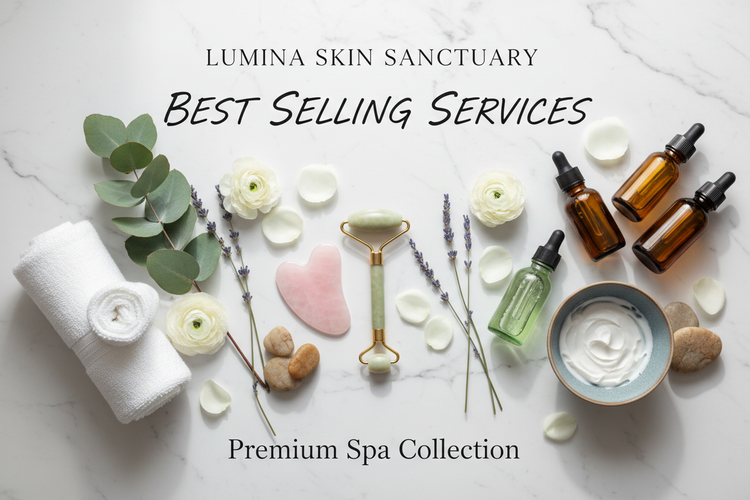 Best Sellers: Lumina Skin Sanctuary serum bottle with dropper beside dark green stones, by a window overlooking a lake.