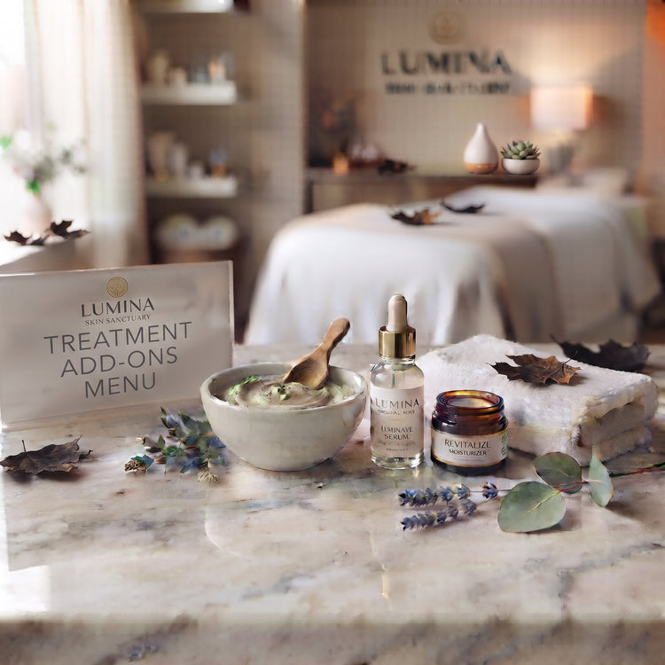 Lumina sign reading Treatment Add-Ons Menu beside a clay mask bowl, serum bottle, jar and folded towel on a marble counter, with a treatment bed behind, at Lumina Skin Sanctuary in Fort Myers, FL