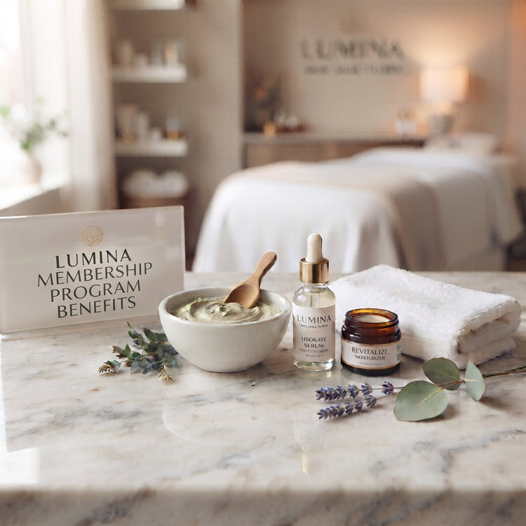 Lumina sign reading Membership Program Benefits beside a clay mask bowl, serum bottle and folded towel on a marble counter in a Fort Myers, FL facial studio