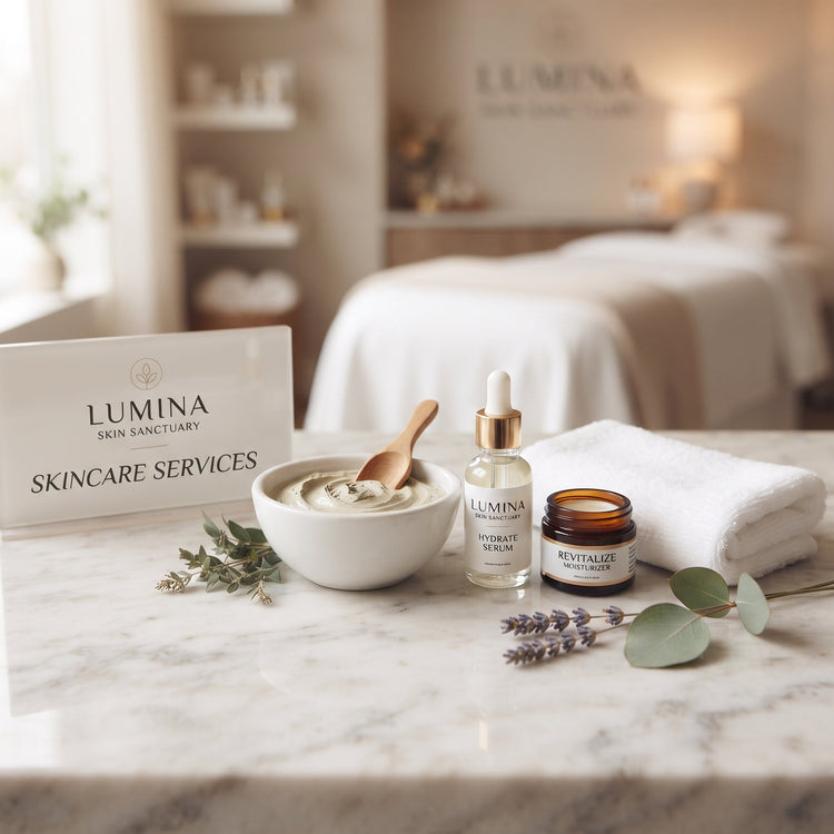 Lumina sign reading Skincare Services beside a clay mask bowl, serum bottle and folded towel on a marble counter in a Fort Myers, FL facial studio