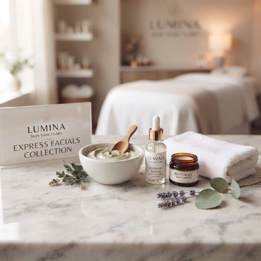 Lumina sign reading Express Facials Collection beside a clay mask bowl, serum bottle and folded towel on a marble counter in a Fort Myers, FL facial studio