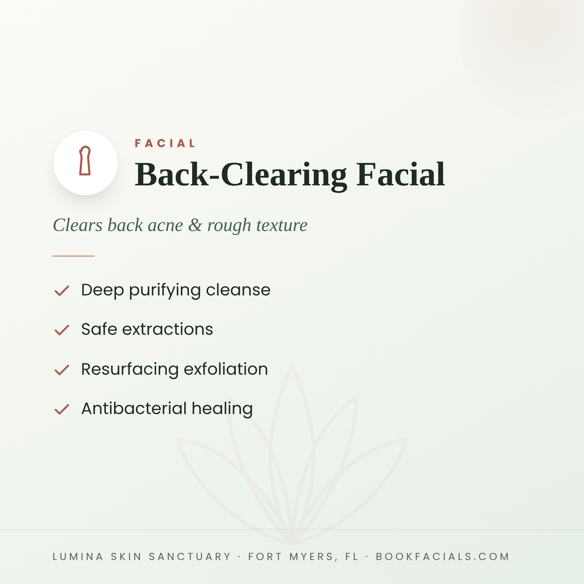 Back-Clearing Facial infographic — Lumina Skin Sanctuary, Fort Myers, FL