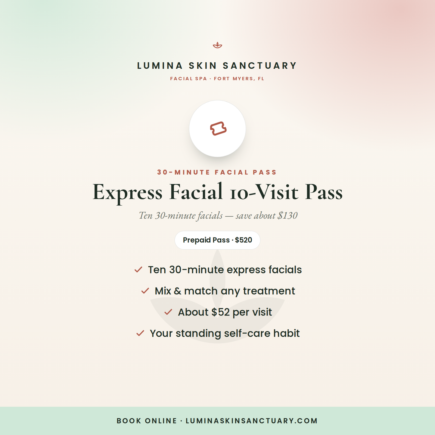 Express Facial 10-Visit Pass — ten 30-minute express facials in Fort Myers, FL | Lumina Skin Sanctuary