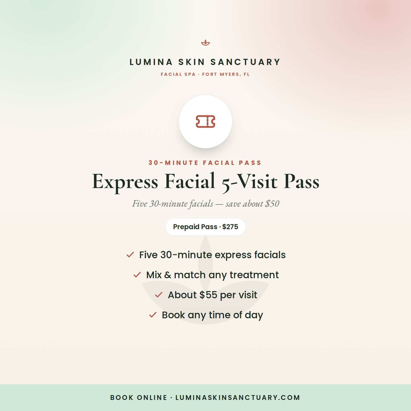 Express Facial 5-Visit Pass — five 30-minute express facials in Fort Myers, FL | Lumina Skin Sanctuary