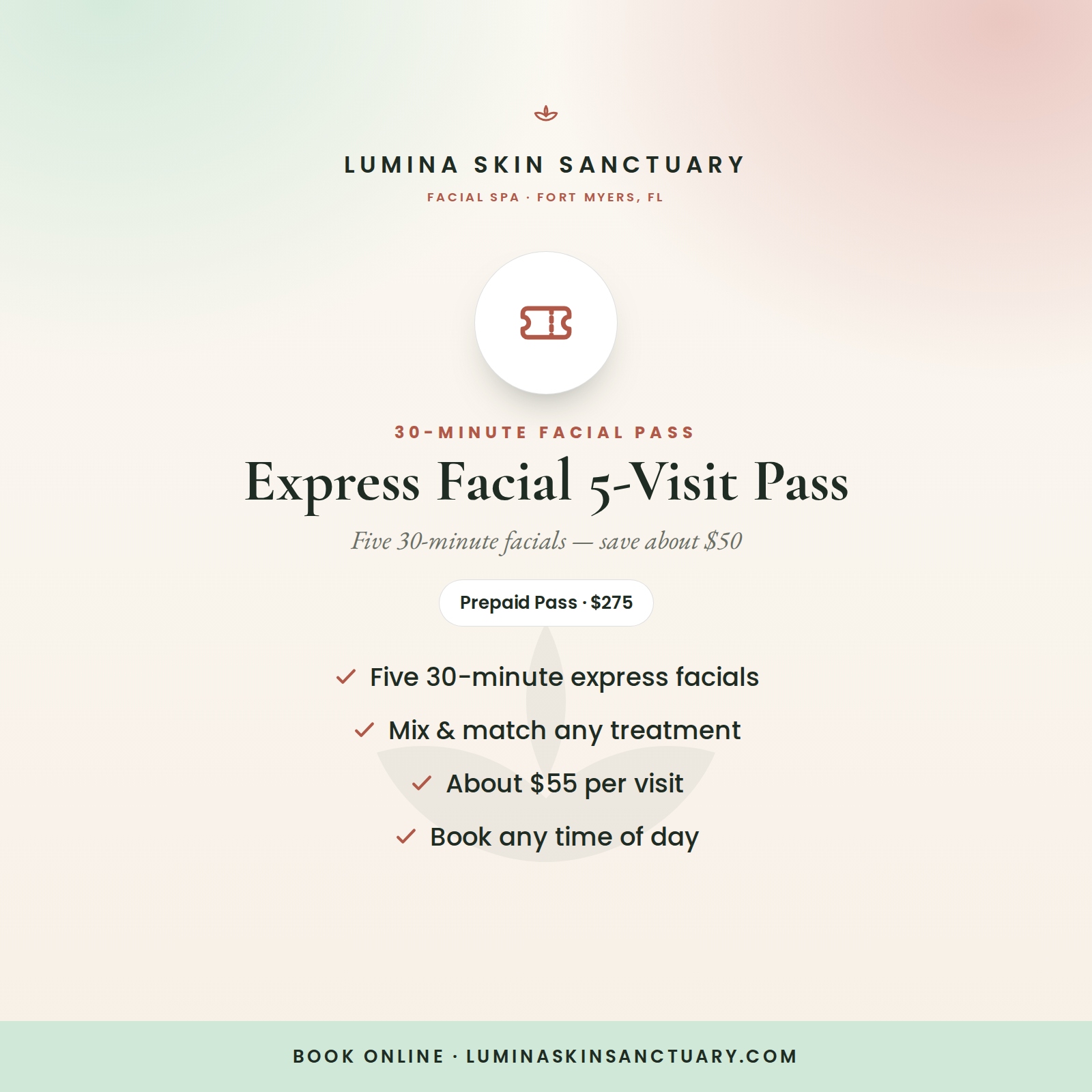 Express Facial 5-Visit Pass — five 30-minute express facials in Fort Myers, FL | Lumina Skin Sanctuary