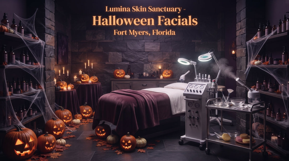 Lumina Skin Sanctuary Halloween Facials in Fort Myers, Florida: a candlelit treatment room with jack-o-lanterns, cobwebs and a steaming facial machine