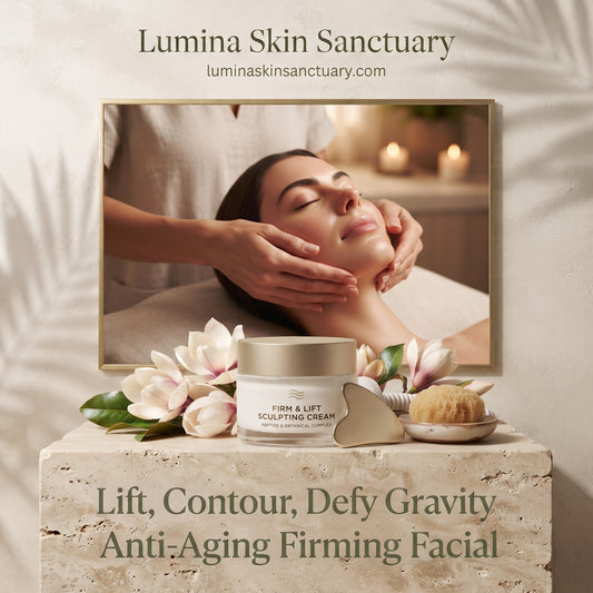 Anti-Aging Firming Facial card featuring firming sculpting cream and gua sha at Lumina Skin Sanctuary.