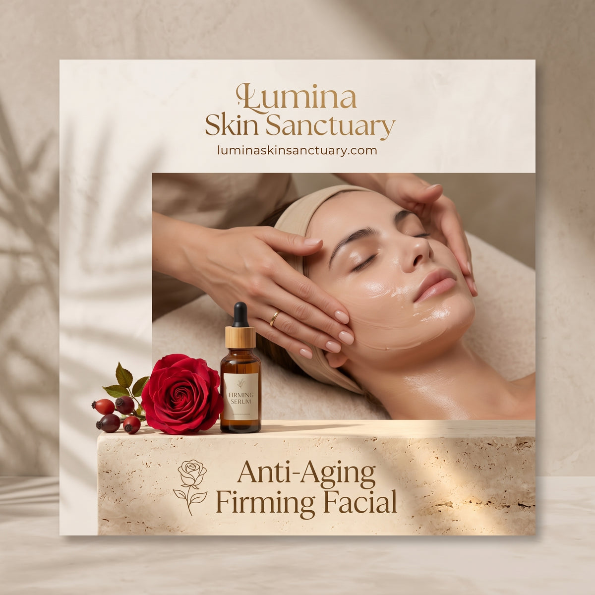 Anti-Aging Firming Facial branded service card featuring crimson rose and rosehip botanicals at Lumina Skin Sanctuary in Fort Myers, FL