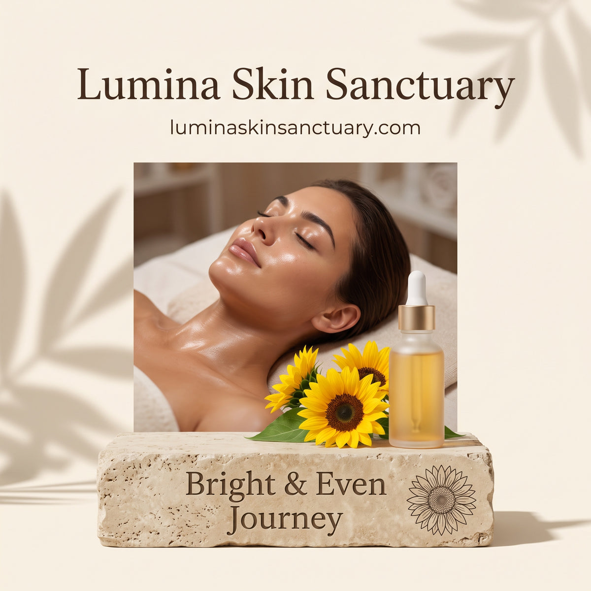 Bright & Even Journey multi-treatment package card with sunflower botanicals and Vitamin C serum at Lumina Skin Sanctuary in Fort Myers, FL.