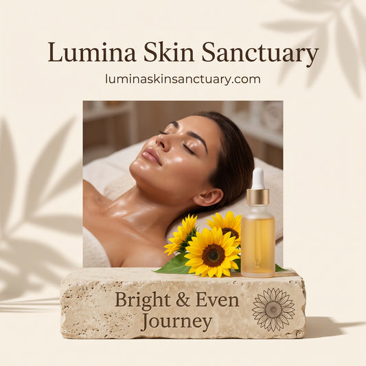 Bright & Even Journey multi-treatment package card with sunflower botanicals and Vitamin C serum at Lumina Skin Sanctuary in Fort Myers, FL.