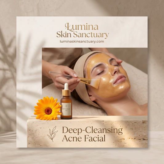 Deep-Cleansing Acne Facial branded service card featuring calming calendula marigold and professional treatment at Lumina Skin Sanctuary in Fort Myers, FL.