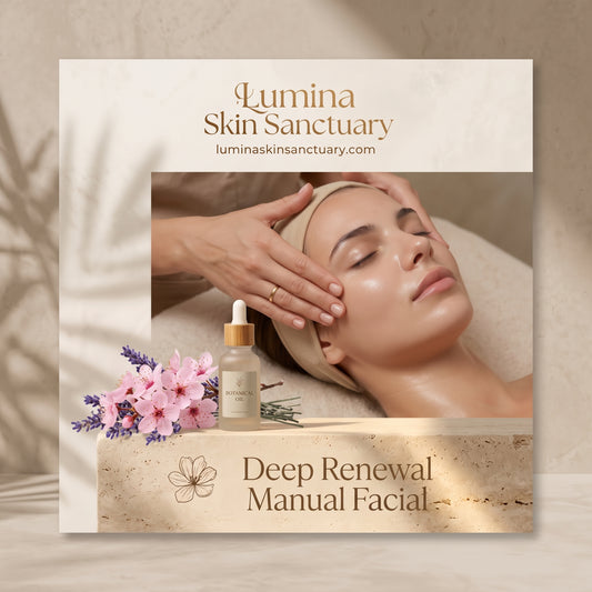 Lunch Break Glow express thirty-minute facial branded service card at Lumina Skin Sanctuary in Fort Myers, FL.