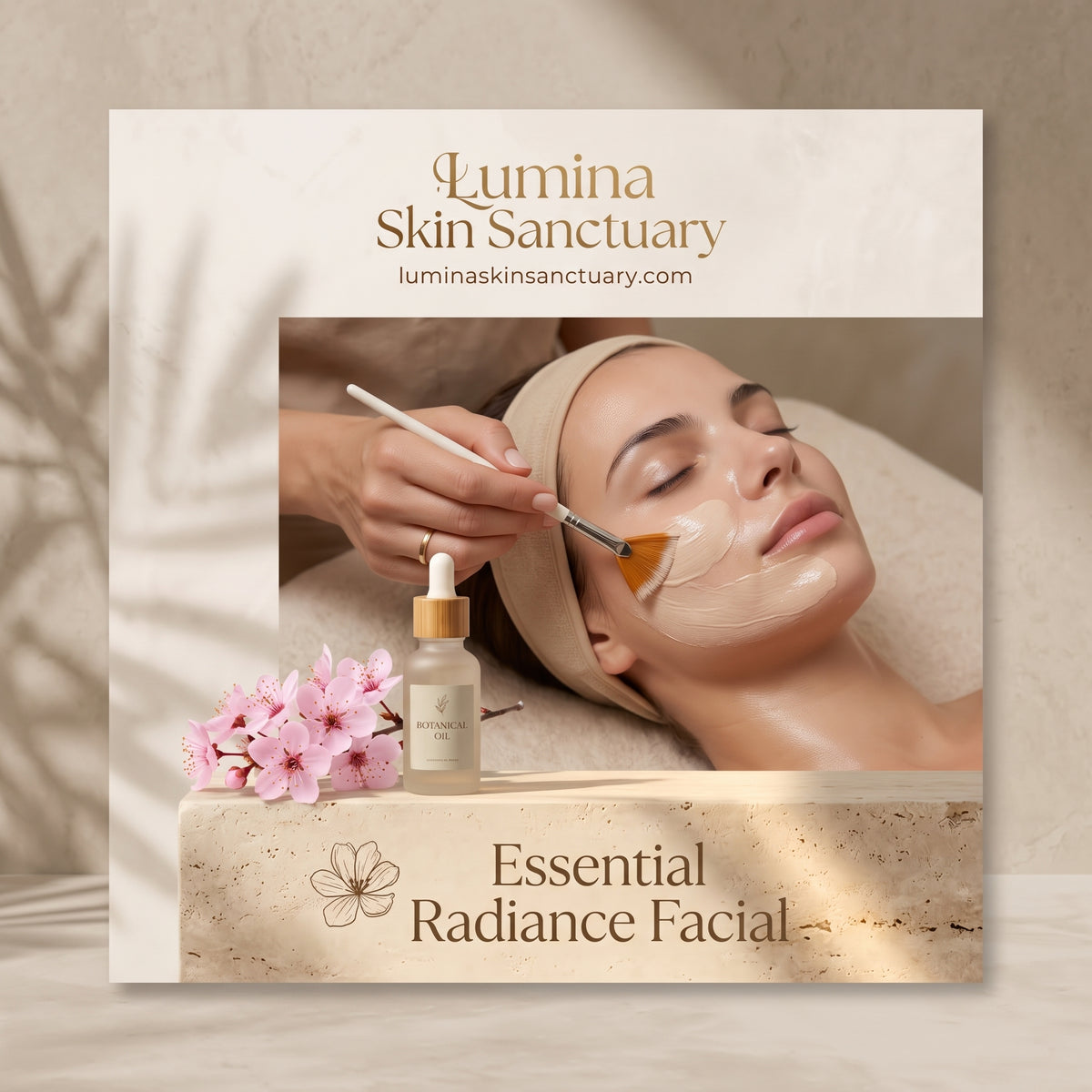 Essential Radiance Facial branded service card featuring delicate sakura cherry blossoms at Lumina Skin Sanctuary in Fort Myers, FL