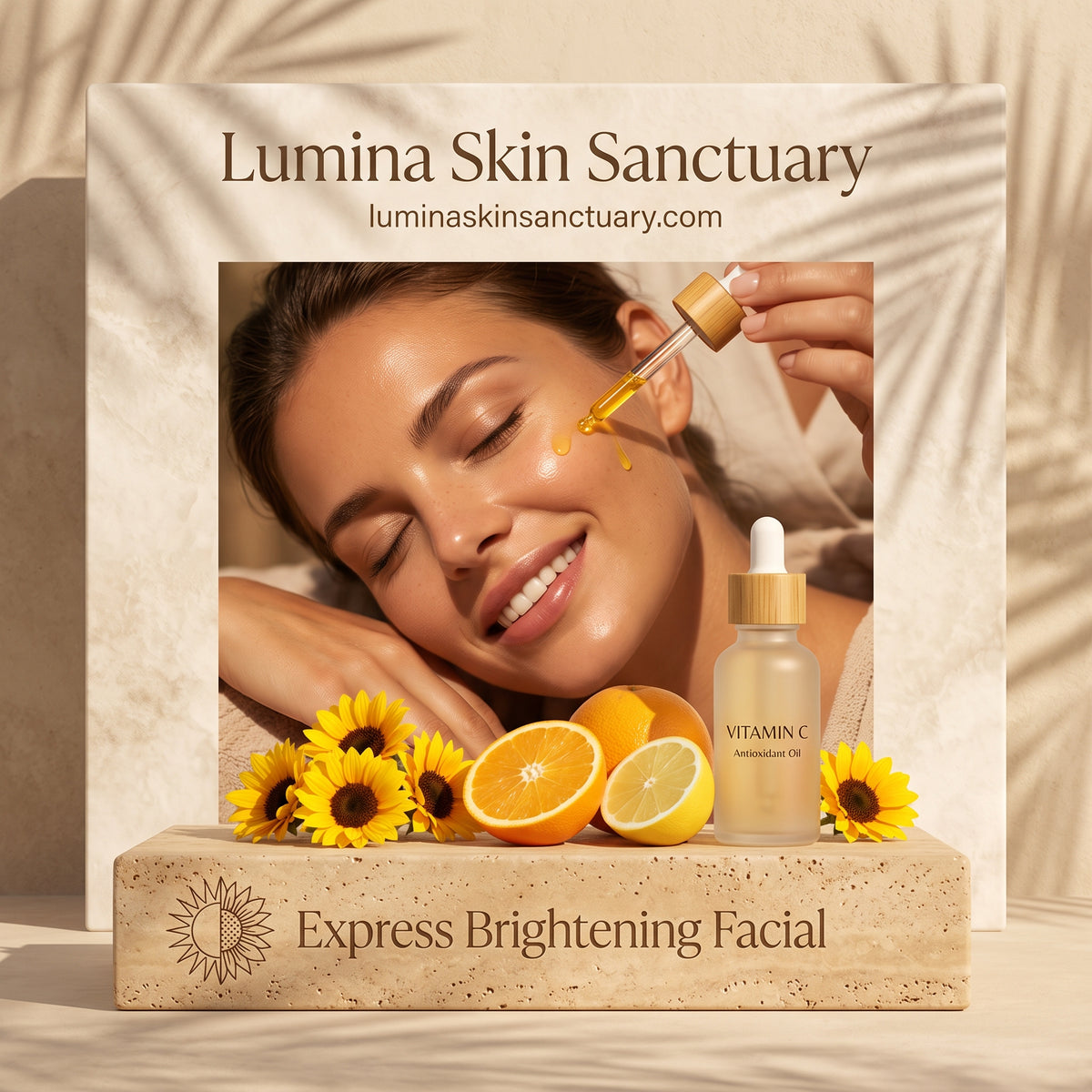 Express Brightening Facial branded card featuring vitamin C antioxidant serum and miniature sunflowers in Fort Myers, FL.