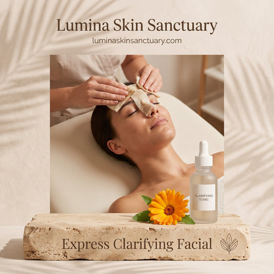 Express Clarifying Facial branded service card with calendula and botanical tonic at Lumina Skin Sanctuary in Fort Myers, FL
