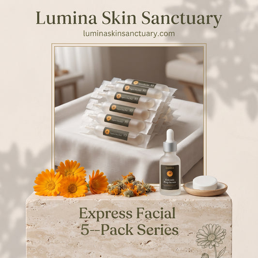 Express Facial 5-Pack Series card featuring a bundle of treatment ampoules, calendula flowers, and serum at Lumina Skin Sanctuary.